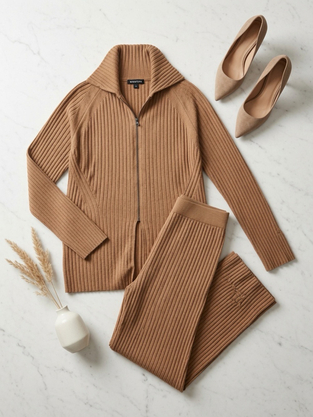 NWOT Whistles 2-Piece Ribbed Knit Lounge Set Zip Sweater & Pants Camel M